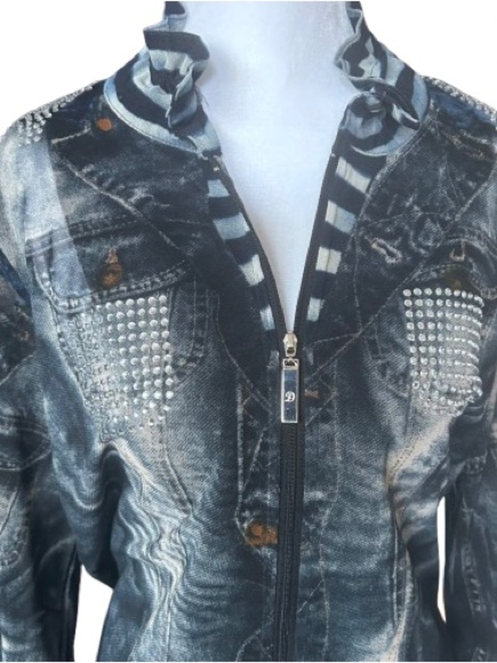 Y2K McBling Rhinestone Mesh Jacket Edgy Zip-up Faux Denim Printed Damee Size L - Picture 2 of 12